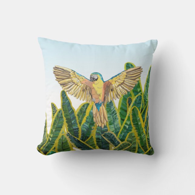 Tropical Summer Yellow Parrot Bird Banana Leaves Cushion (Front)