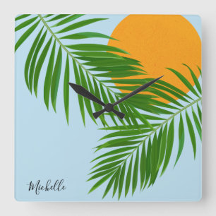 Tropical Sun Palm Leaves Blue Sky Minimalist Name Square Wall Clock