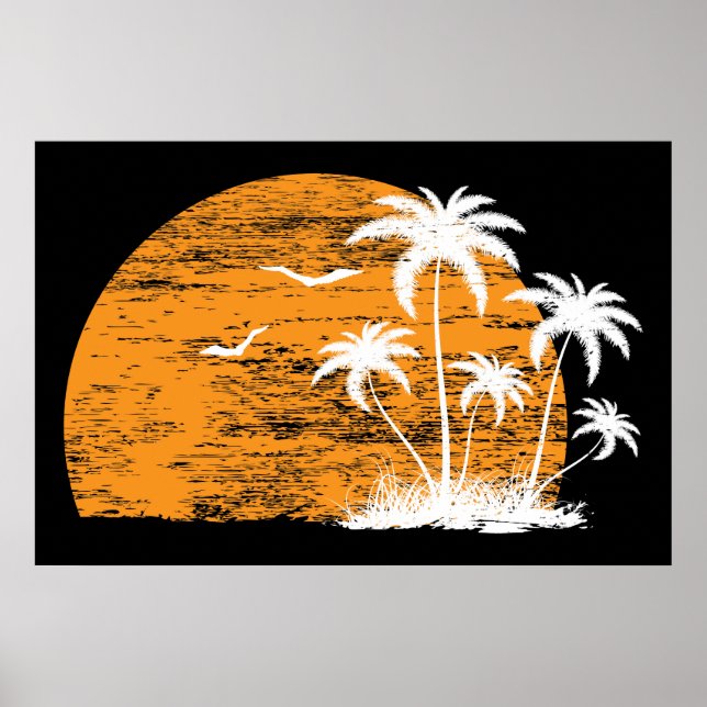 Tropical sun, palm trees and birds poster print (Front)