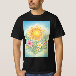 Tropical Sun with Pink Hibiscus and Plumeria T-Shirt