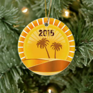 Tropical Sunburst, Palm Trees Beach Personalised Ceramic Tree Decoration