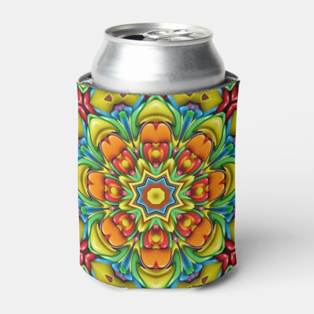 Tropical Sunburst Vintage Fractal Kaleidoscope Can Cooler (Can Front)