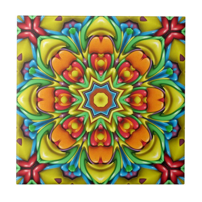 Tropical Sunburst Vintage Fractal Kaleidoscope Tile (Front)
