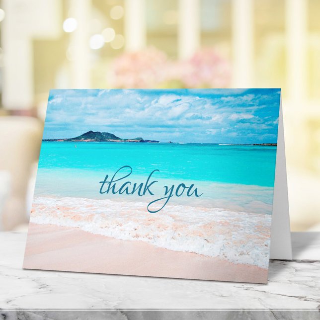 Tropical Sunny Hawaii Turquoise Beach Photo Script Thank You Card (Creator Uploaded)