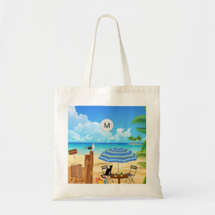 Tropical sunny summer beach ocean scene monogram tote bag