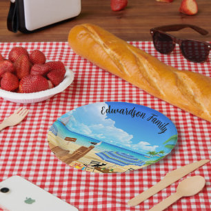 Tropical sunny summer beach scene monogrammed paper plate
