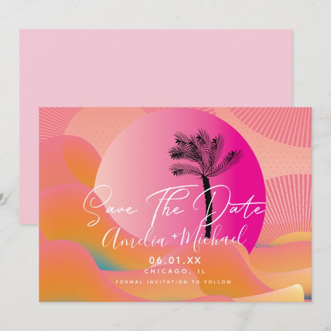 Tropical Sunrise Bold Pink Orange Save the Date Invitation (Front/Back)