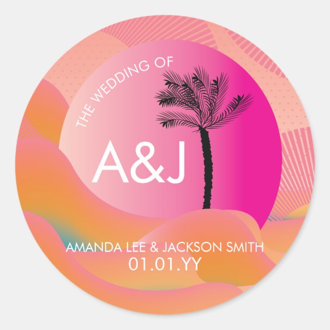 Tropical Sunrise Bold Pink Orange White Wedding  Classic Round Sticker (Front)