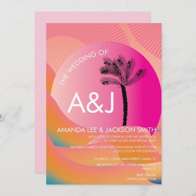 Tropical Sunrise Bold Pink Orange White Wedding Invitation (Front/Back)