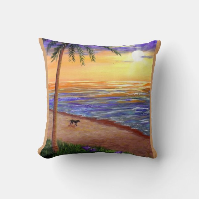Tropical Sunset  Art Beach Palm Tree Creationarts Cushion (Front)