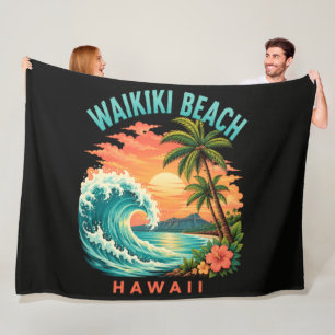 Tropical Sunset at Waikiki Beach Hawaii Fleece Blanket