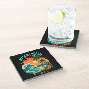 Tropical Sunset at Waikiki Beach Hawaii Glass Coaster