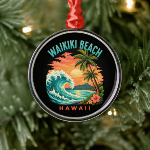Tropical Sunset at Waikiki Beach Hawaii Metal Tree Decoration
