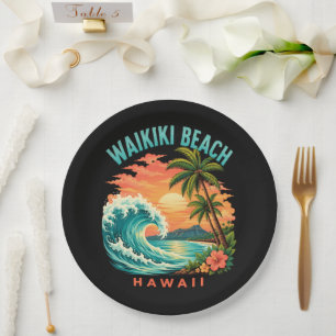 Tropical Sunset at Waikiki Beach Hawaii Paper Plate