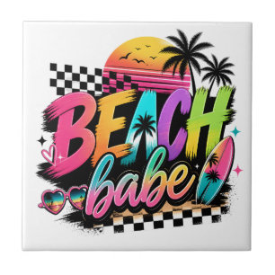 Tropical Sunset Beach Babe Quote Retro Art Design Tile