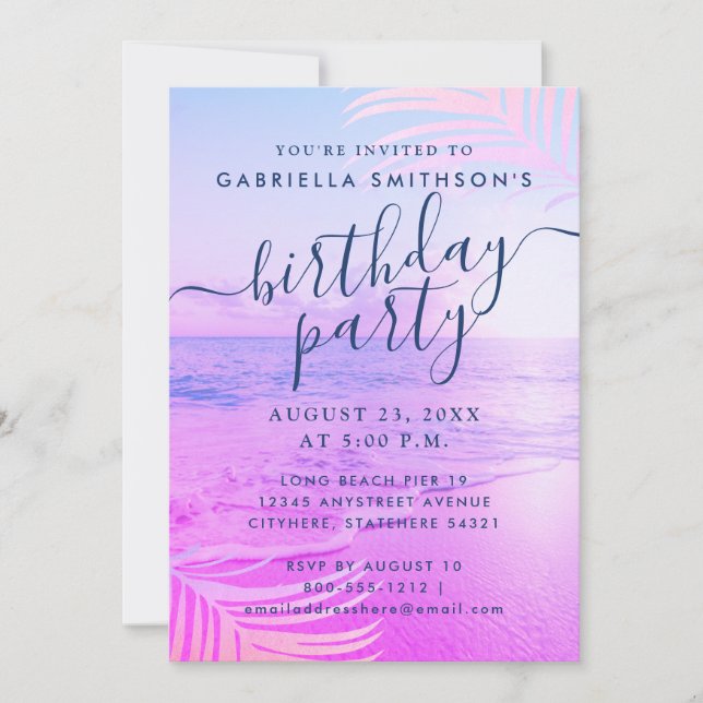 Tropical Sunset Beach Bright Pink Filter Birthday Invitation (Front)
