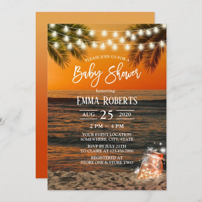Tropical Sunset Beach Glow Mason Jar Baby Shower Invitation (Front/Back)