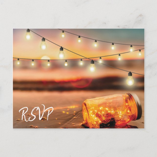 Tropical Sunset Beach Mason Jar Wedding Response Invitation Postcard (Front)