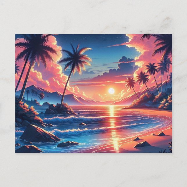 Tropical Sunset Beach Painting Postcard (Front)