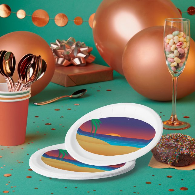 Tropical Sunset Beach Palm Leaves Ocean Waves Paper Plate (Creator Uploaded)