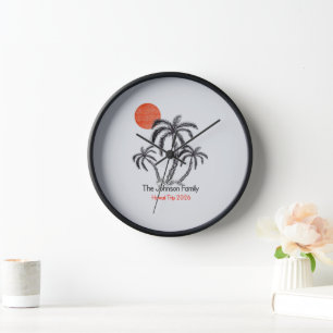 Tropical Sunset Beach Palm Tree Family Vacation Clock