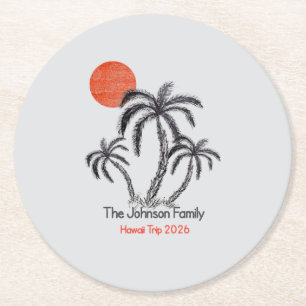 Tropical Sunset Beach Palm Tree Family Vacation Round Paper Coaster