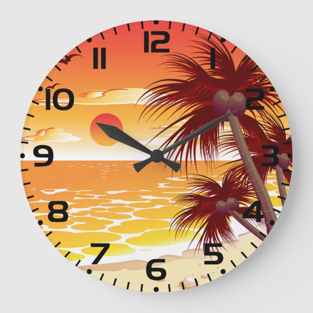Tropical Sunset Beach Palm Tree Island Large Clock (Front)