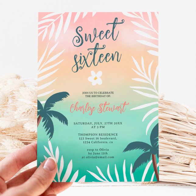 Tropical sunset beach palm tree Sweet 16 Invitation (Creator Uploaded)