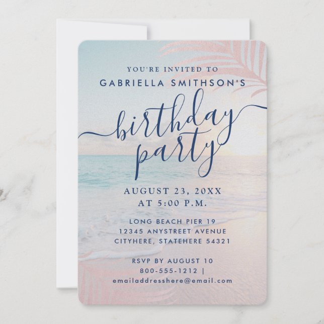 Tropical Sunset Beach Pink Birthday Shimmer Paper Invitation (Front)