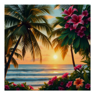 Tropical Sunset Beach Scene with Palm Trees Poster