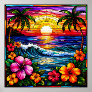 Tropical Sunset Beach Scene with Vibrant Flowers Poster