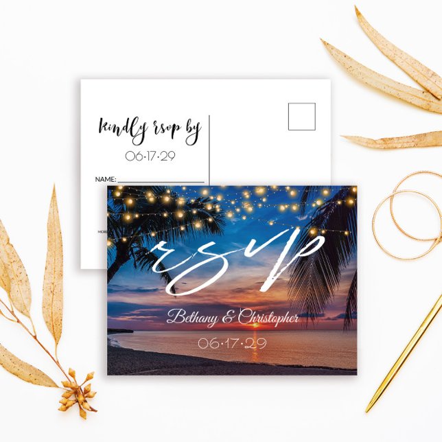 Tropical Sunset Beach String Lights Wedding RSVP Invitation Postcard (Creator Uploaded)