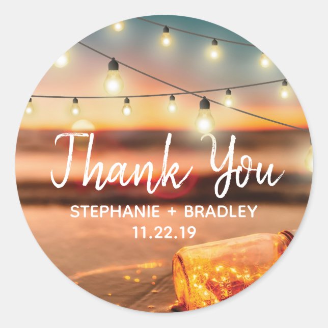 Tropical Sunset Beach Thank You Wedding Favour Classic Round Sticker (Front)