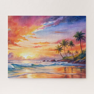 Tropical Sunset Beach Watercolor, Palm, Ocean Jigsaw Puzzle