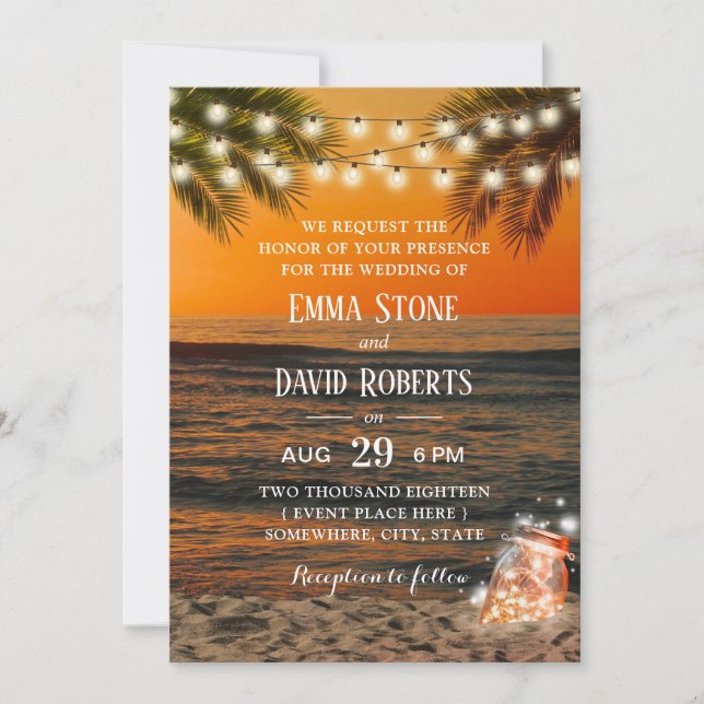 Tropical Sunset Beach Wedding Glow Mason Jar Invitation (Front)