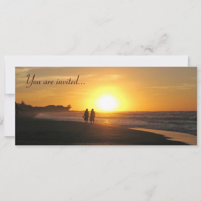 Tropical sunset beach wedding invitation template (Front)