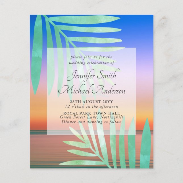 Tropical Sunset Beach Wedding Invites Budget (Front)