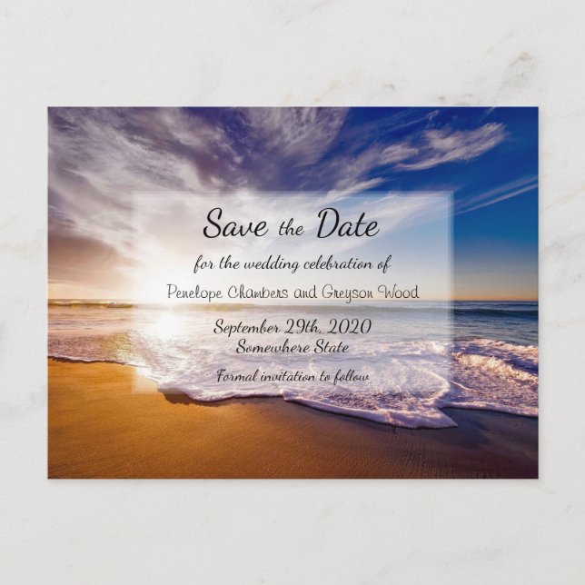 Tropical Sunset Beach Wedding Save the Date Announcement Postcard (Front)