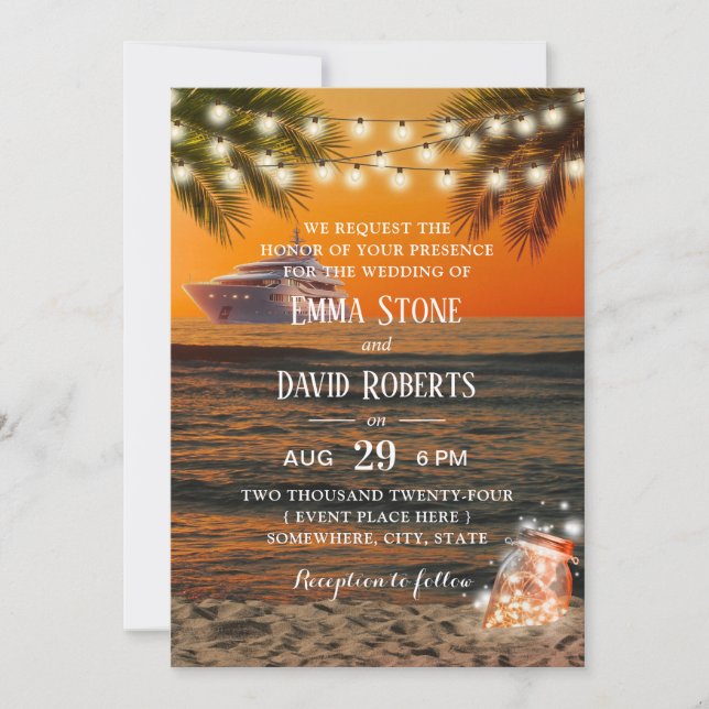 Tropical Sunset Beach Yacht Wedding Glow Mason Jar Invitation (Front)