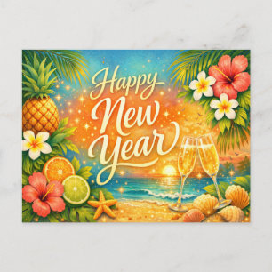 Tropical Sunset Champagne Happy New Year Holiday Postcard