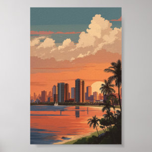 Tropical Sunset Cityscape - Palm Trees and Skyline Poster