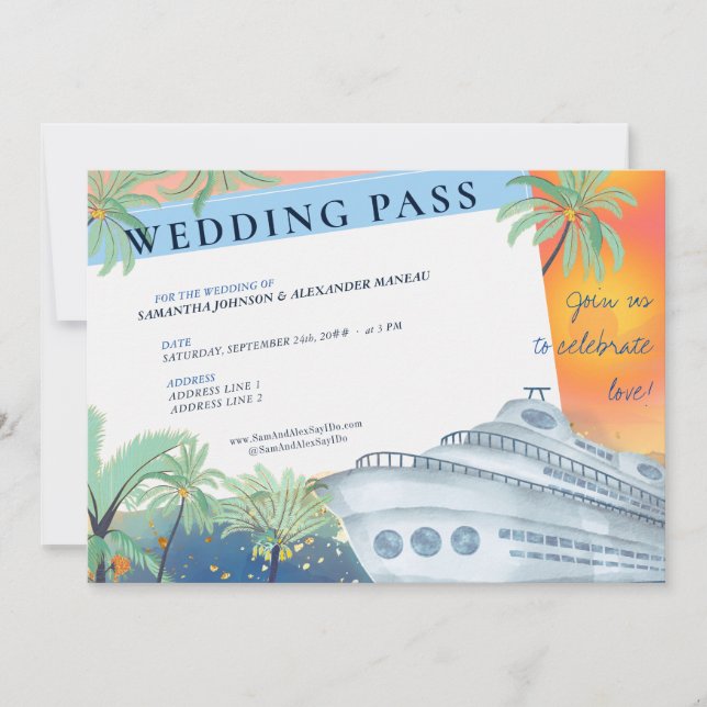 Tropical Sunset Destination Cruise Wedding Pass Invitation (Front)