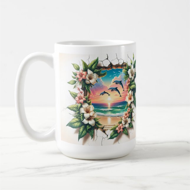Tropical Sunset Dolphins Floral  Coffee Mug (Left)