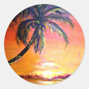 Tropical Sunset, fine art painting, Classic Round Sticker