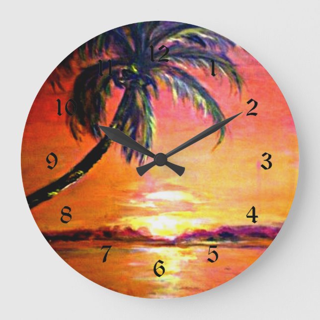 Tropical Sunset, fine art painting Large Clock (Front)