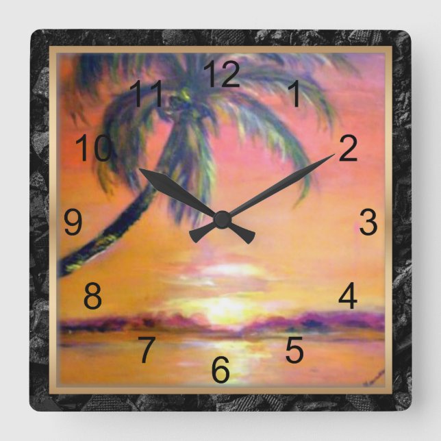 Tropical Sunset, fine art painting Square Wall Clock (Front)