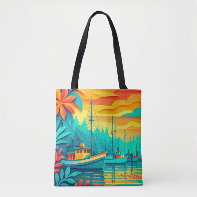 Tropical Sunset Fishing Boats Tote Bag (Front)