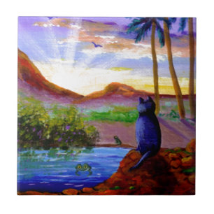 Tropical Sunset Funny Cat Frog Creationarts Tile