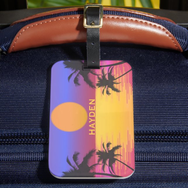 Tropical Sunset Graphic Personalised Luggage Tag (Front Insitu 2)