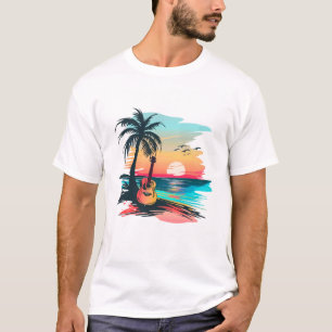 Tropical Sunset Guitar Beach Art Summer Music Pa T-Shirt
